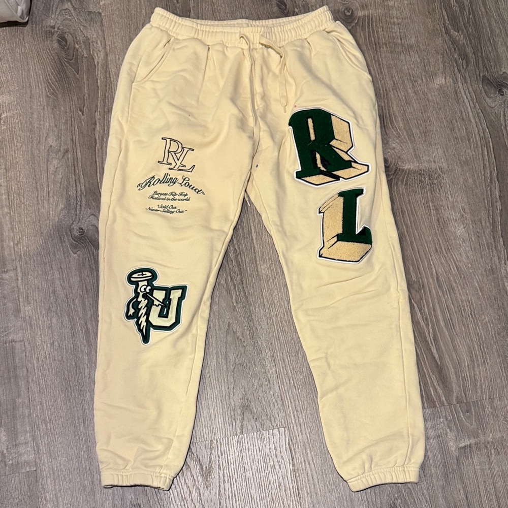Mens Rolling Loud Cream Joggers with Green and Black Logos